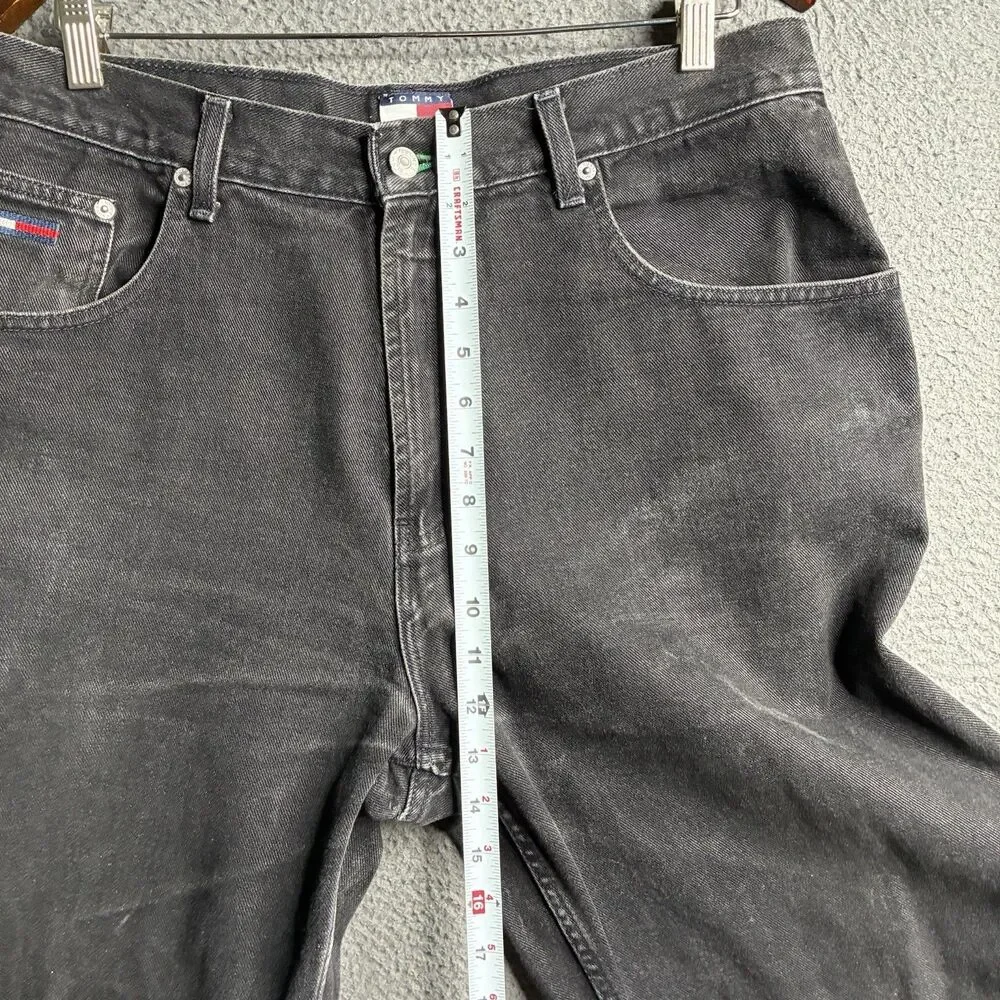 Vtg 90s Tommy Hilfiger Mens 34x29 Baggy Denim Jeans Black Whiskered Flag